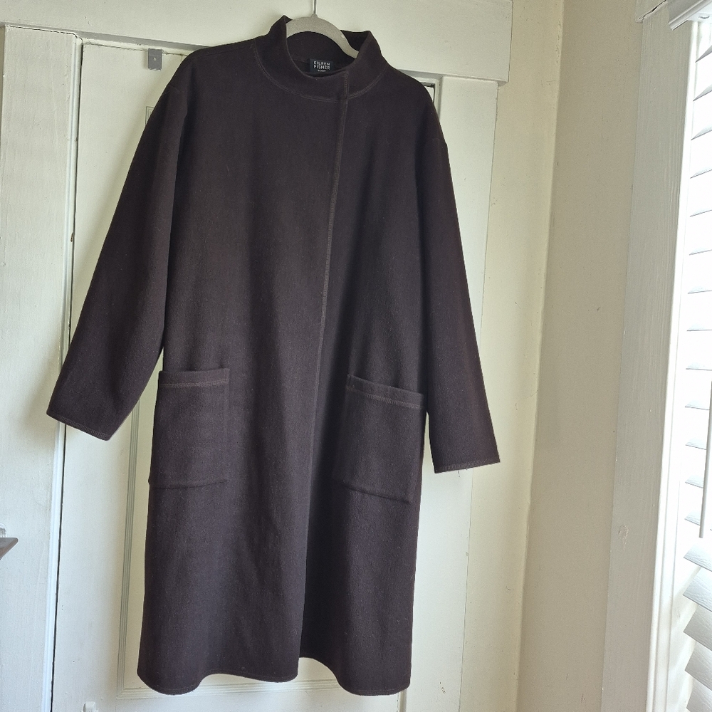 Eileen Fisher Dark Brown Mock Neck knee-length, relaxed fit wool coat, 1X